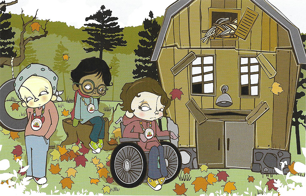 Kids mope gloomily near Barny