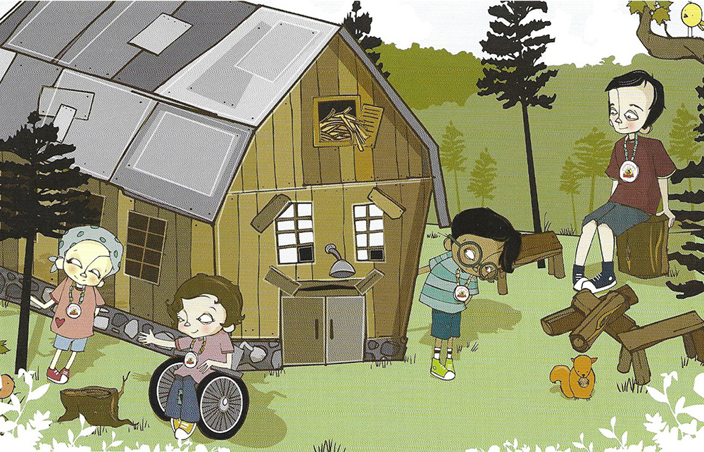 Kids and camp counselor are near the barn