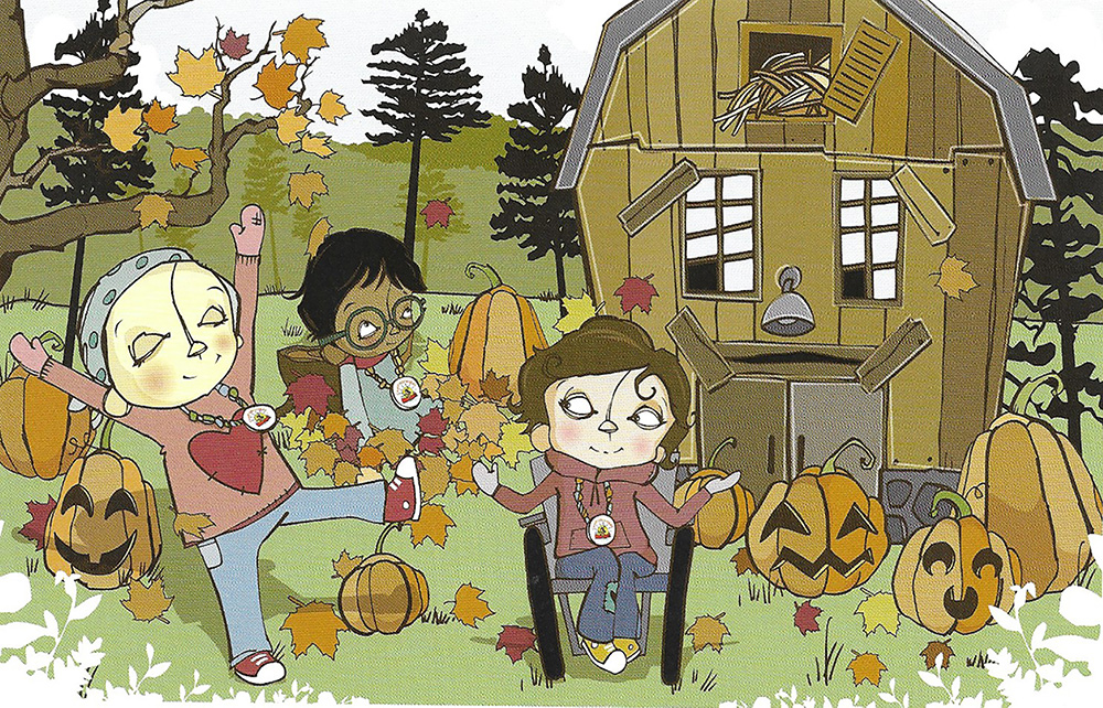 Kids play near the barn in autumn