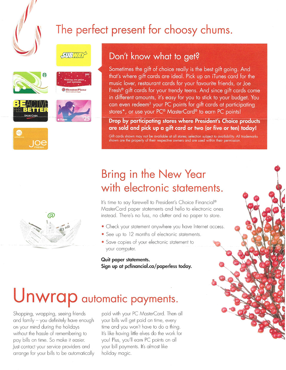 gift cards, red holly