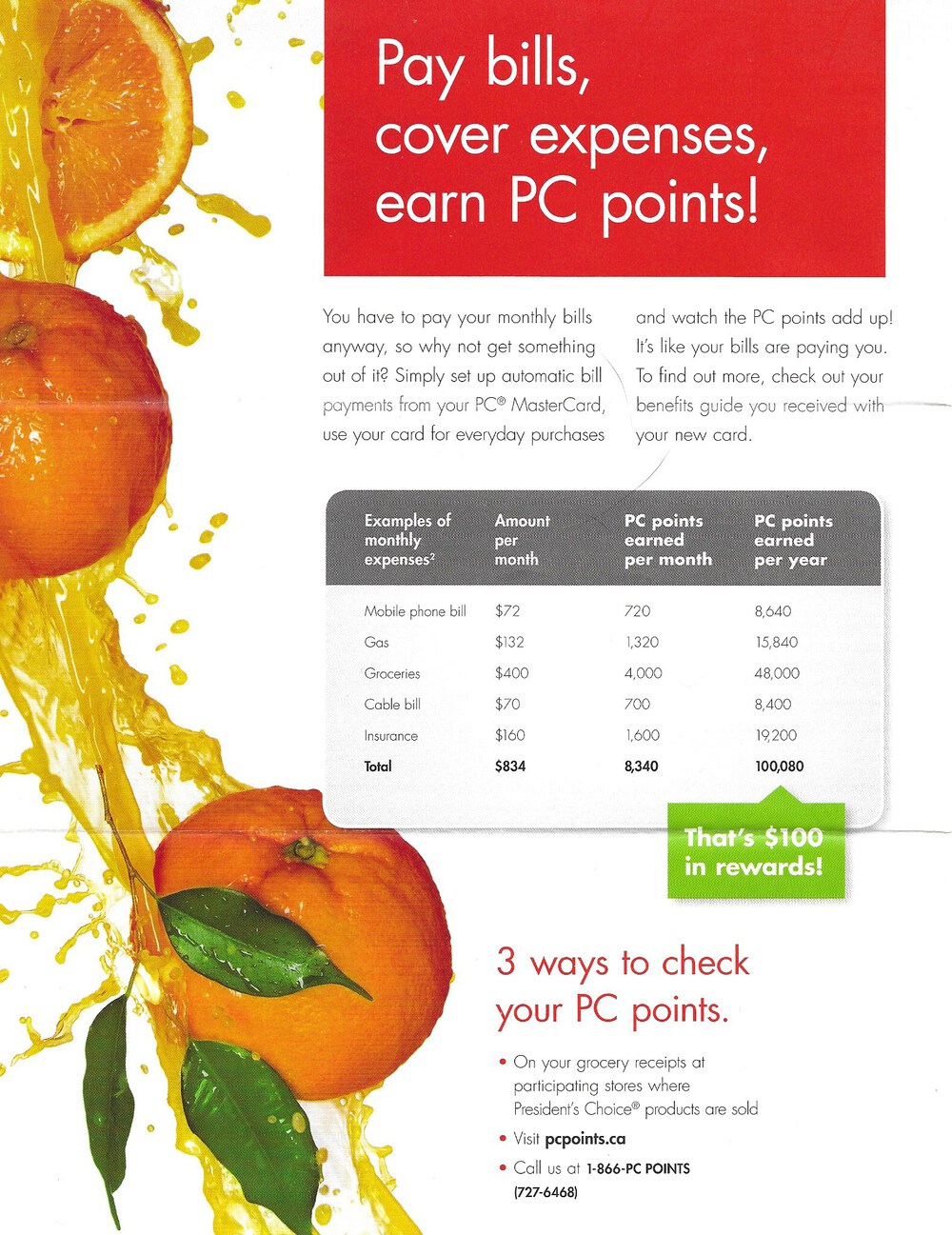 Chart with PC Point earning potential