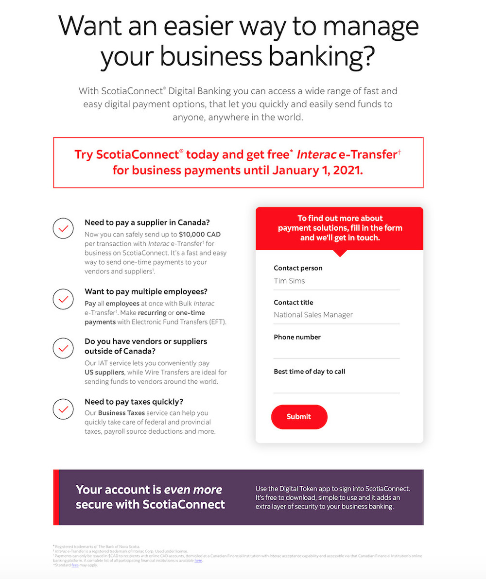 Landing page showing how e-Transfer can help business